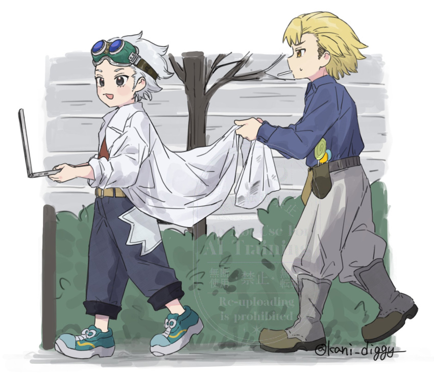 2boys :d aged_down bare_tree belt black_eyes blonde_hair blue_shirt boots brown_belt bush cigarette coat collared_shirt computer dr._stone from_side full_body goggles goggles_on_head grey_hair grey_pants highres holding holster kani_diggy lab_coat laptop long_sleeves male_focus mouth_hold multiple_boys open_mouth outdoors pants profile red_shirt shirt shoes short_hair sleeves_rolled_up smile smoking sneakers standing stanley_snyder_(dr.stone) sweatdrop tree twitter_username utility_belt walking white_hair xeno_(dr.stone) yellow_belt yellow_eyes