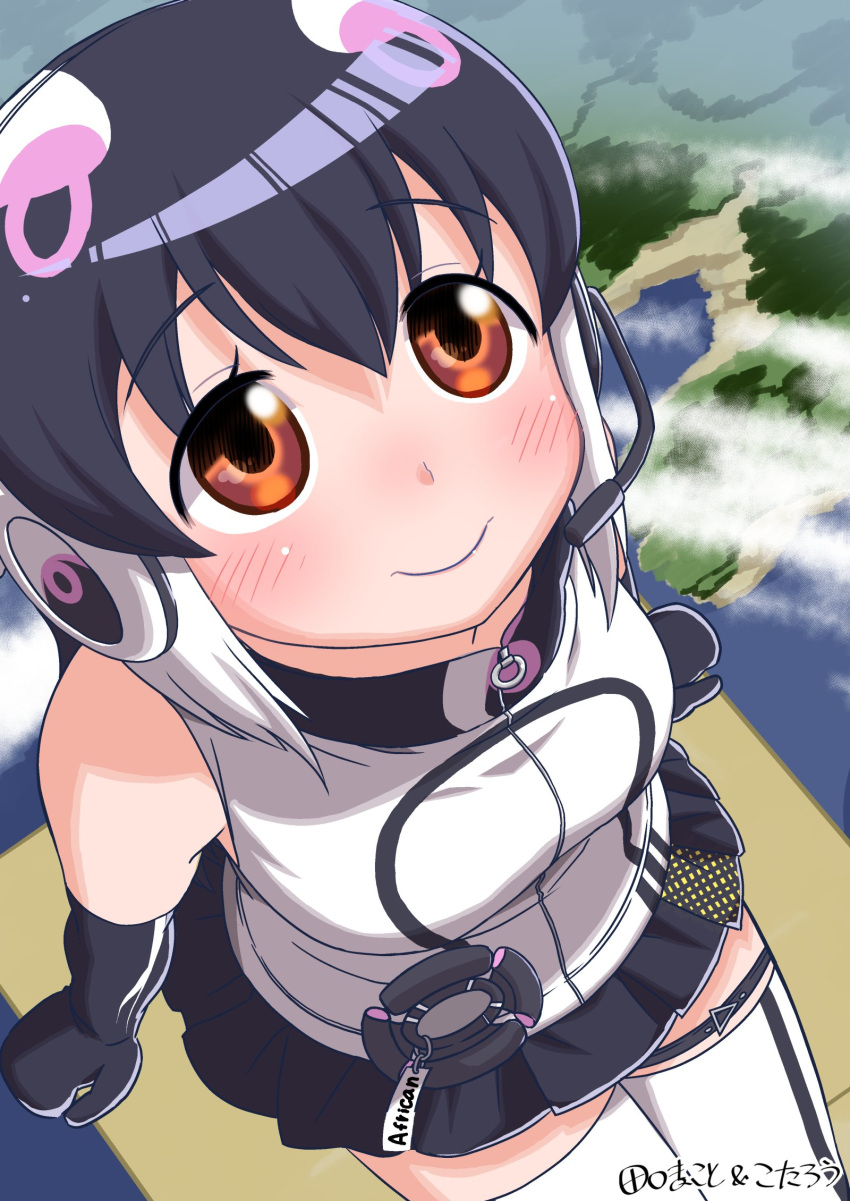 1girl african_penguin_(kemono_friends) animal_costume black_gloves black_hair black_skirt closed_mouth elbow_gloves gloves headphones highres kemono_friends kemono_friends_v_project kneehighs long_hair minecraft multicolored_hair orange_eyes parody penguin_costume shirt skirt sleeveless sleeveless_shirt solo straight_hair taguchi_makoto virtual_youtuber white_shirt