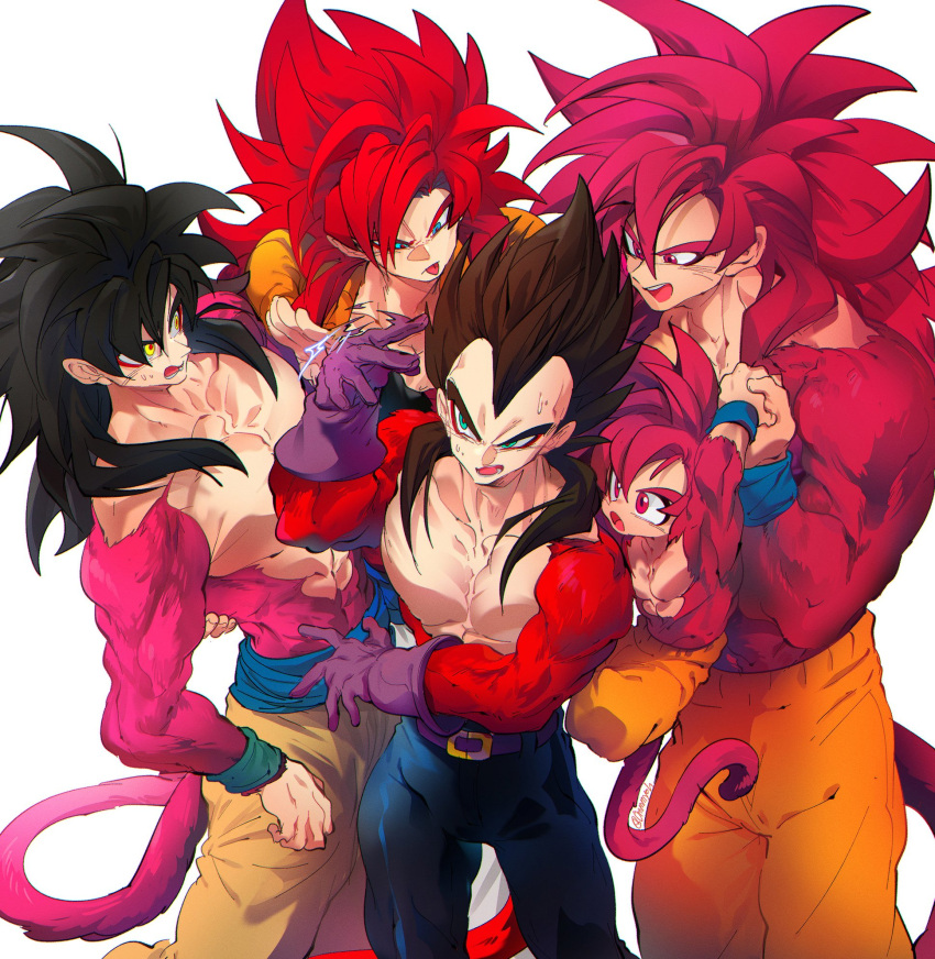 black_hair blue_eyes blue_sash dougi dragon_ball dragon_ball_daima dragon_ball_gt gloves gogeta highres long_hair male_focus metamoran_vest monkey_boy monkey_tail multiple_boys muscular muscular_male ommmyoh open_mouth pants red_fur saiyan sash smile son_goku spiky_hair super_saiyan super_saiyan_4 tail twitter_username vegeta wristband yellow_pants