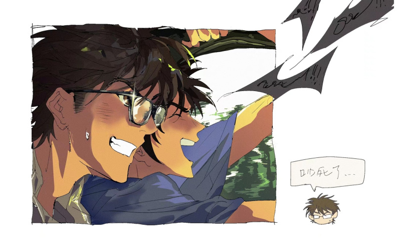 2boys ace_of_diamond adam's_apple black-framed_eyewear black_hair blue_shirt border brown_hair chibi chibi_inset chinese_text closed_mouth collared_shirt commentary glasses happy highres male_focus miyuki_kazuya multiple_boys nian_rt open_mouth rectangular_eyewear sawamura_eijun shirt short_hair sideburns translation_request untranslatable_commentary white_border white_shirt