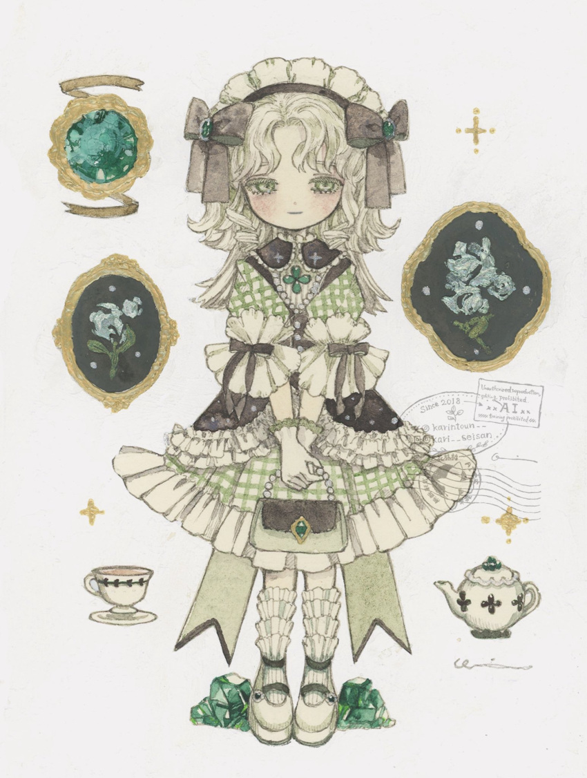 1girl acrylic_paint_(medium) bag blonde_hair blush bow brooch closed_mouth collared_dress cup dress frilled_dress frilled_shirt_collar frilled_skirt frills full_body gem gingham_clothes gingham_dress green_eyes green_skirt hair_ribbon handbag headband highres holding instagram_logo instagram_username jewelry karintoun lace looking_at_viewer maid_headdress mary_janes medium_hair necklace original own_hands_together painting_(medium) pale_skin parted_bangs pendant postmark ribbon shoes short_sleeves signature simple_background skirt socks standing straight-on teacup teapot traditional_media twitter_username twitter_x_logo watercolor_(medium) watermark wavy_hair white_background white_socks