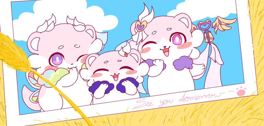 animalization bell blue_sky blush_stickers chimera_(honkai:_star_rail) clouds commentary company_connection cyrene_(demiurge)_(honkai:_star_rail) cyrene_(honkai:_star_rail) cyrene_(philia093)_(honkai:_star_rail) elysia_(herrscher_of_human:_ego)_(honkai_impact) elysia_(honkai_impact) english_commentary english_text highres honkai:_star_rail honkai_(series) honkai_impact_3rd inoue_marina no_humans one_eye_closed open_mouth photo_(object) sky smile timelychimeras violet_eyes voice_actor_connection wheat wheat_field yanning