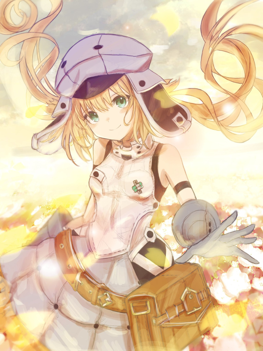 1girl artoria_caster_(fate) artoria_caster_(first_ascension)_(fate) artoria_pendragon_(fate) bag belt beret blonde_hair breasts closed_mouth fate/grand_order fate_(series) fur_hat gloves green_eyes grey_gloves hat highres leather leather_gloves long_hair multiple_tails petals plaid plaid_skirt satea skirt skirt_set sky small_breasts smile sun tail two_tails ushanka vest white_skirt white_vest