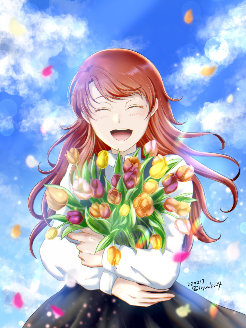 1girl :d absurdres black_dress blue_sky blush bouquet closed_eyes clouds dated dress facing_viewer floating_hair highres holding holding_bouquet honzuki_no_gekokujou lens_flare liz_(honzuki_no_gekokujou) long_hair long_sleeves open_mouth outdoors petals pinafore_dress redhead shiny shiny_hair shirt sky sleeveless sleeveless_dress smile solo standing straight_hair twitter_username white_shirt yuuko24