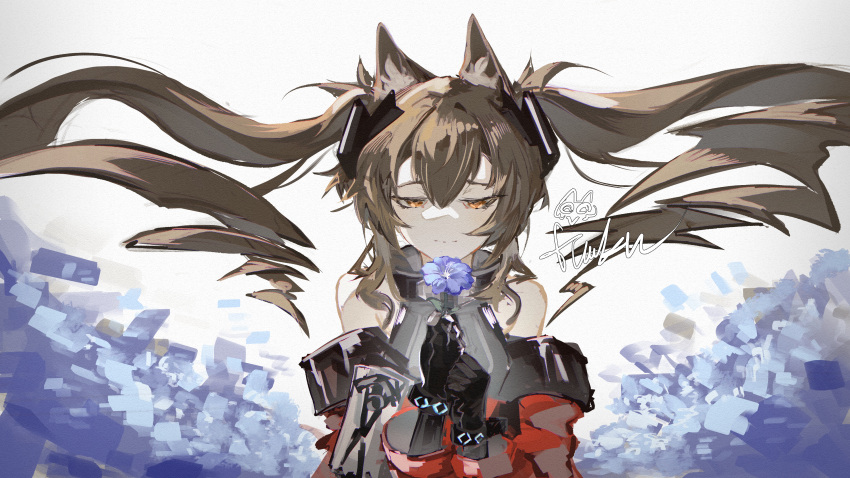 1girl absurdres angelina_(arknights) animal_ear_fluff animal_ears arknights arknights:_endfield artist_self-insert bare_shoulders black_gloves blue_flower bracelet brown_hair coat commentary double-parted_bangs dress elbow_gloves floor flower flower_request fox_ears fox_girl gilberta_(arknights) gloves grey_dress headpiece high_collar highres holding holding_flower infection_monitor_(arknights) jewelry light_smile long_hair long_sidelocks long_sleeves narrowed_eyes off_shoulder open_clothes open_coat orange_eyes owlwy_(owl_roi) red_coat sidelocks signature sleeveless sleeveless_dress solo twintails upper_body white_background