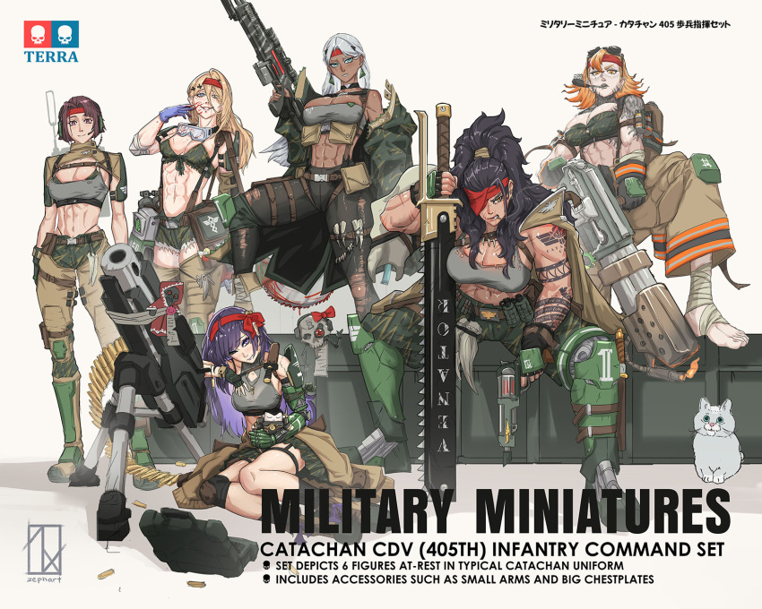 6+girls abs alisa_krova ammunition_belt ammunition_pouch arm_tattoo armor artist_logo artist_name astra_militarum bikini black_gloves black_socks blonde_hair blood blood_on_face blood_on_weapon boots bra breasts brown_eyes brown_hair brunn_arang bullet_necklace camouflage camouflage_bikini camouflage_bra camouflage_jacket camouflage_pants camouflage_skirt cat catachan_jungle_fighter chainsaw chainsword chihiro_catarine cigarette coat combat_boots combat_knife commentary computer defibrillator doll earrings english_commentary english_text firefighter_jacket flamethrower foot_wraps gloves goggles goggles_around_neck goggles_on_head green_armor green_eyes grey_cat grey_eyes gun headband heavy_bolter hellen_auricaelia_artha highres holding holding_flamethrower holding_weapon imperial_aquila jacket jen_talonus jewelry knee_pads knife laptop large_breasts lasgun laspistol lineup logo long_hair medical_gloves medium_breasts multiple_girls muscular muscular_female one_eye_covered orange_eyes orange_hair pants ponytail pouch purity_seal purple_hair radio red_headband rifle scar scar_on_arm scar_on_face scope scowl serene_ann_rexian servo-skull short_hair skirt smile smoking smoking_pipe sniper_rifle socks swimsuit tamiya_incorporated tattoo torn_clothes trench_coat underwear violet_eyes warhammer_40k weapon white_hair woodland_camouflage zephart