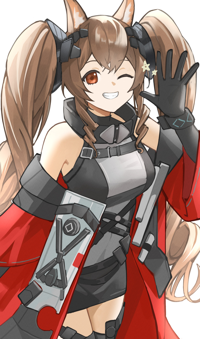 1girl absurdres angelina_(arknights) animal_ear_fluff animal_ears arknights arknights:_endfield bare_shoulders black_gloves black_thighhighs breasts brown_eyes brown_hair coat commentary cowboy_shot dot_nose double-parted_bangs dress elbow_gloves fox_ears fox_girl gilberta_(arknights) gloves grey_dress grin high_collar highres long_hair looking_at_viewer medium_breasts off_shoulder one_eye_closed open_clothes open_coat red_coat simple_background sleeveless sleeveless_dress smile solo star_(symbol) thigh-highs twintails waving white_background yagi000 zettai_ryouiki