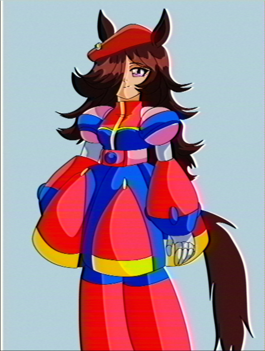 1990s_(style) 1girl absurdres android animal_ears beret blue_background breasts brown_hair cosplay dress faux_retro_artstyle flipped_hair gloves hair_between_eyes hair_over_one_eye hat highres horse_ears horse_girl horse_tail iris_(mega_man) iris_(mega_man)_(cosplay) joints long_hair lueduar mega_man_(series) mega_man_x4 mega_man_x_(series) multicolored_dress red_hat retro_artstyle rice_shower_(umamusume) robot_girl robot_joints simple_background smile solo standing tail umamusume vhs_artifacts violet_eyes white_gloves