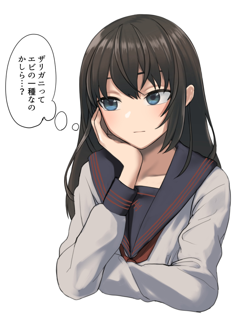 1girl bangs black_hair blue_eyes closed_mouth cropped_torso hand_on_own_chin highres long_hair long_sleeves neckerchief original red_neckerchief sailor_collar shirt sidelocks simple_background thought_bubble tonari_no_kishida translation_request upper_body white_background white_shirt