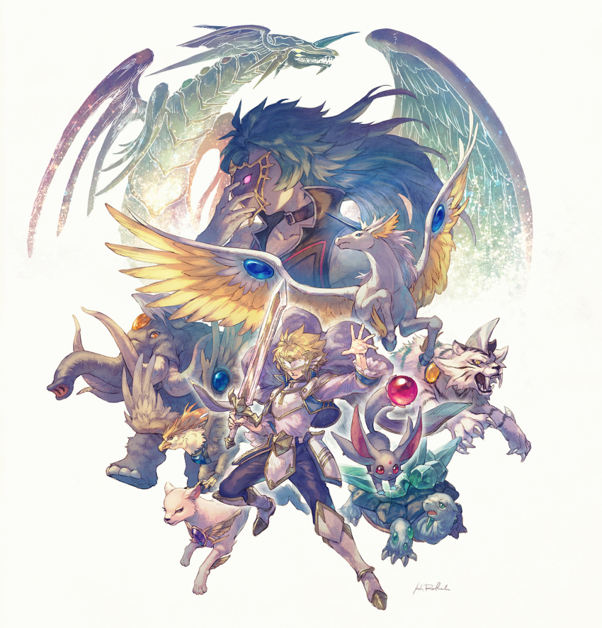 2boys bird blonde_hair blue_hair boots choker crystal_beast_amber_mammoth crystal_beast_amethyst_cat crystal_beast_cobalt_eagle crystal_beast_emerald_tortoise crystal_beast_ruby_carbuncle crystal_beast_sapphire_pegasus crystal_beast_topaz_tiger crystal_keeper crystal_master dragon duel_monster eagle eye_mask full_body hands_up hashibi_rokou highres holding holding_mask holding_sword holding_weapon long_hair long_sleeves male_focus mask multiple_boys pants pegasus rainbow_dragon short_hair signature sleeveless sleeveless_jacket sword tiger tortoise turtle weapon white_tiger yu-gi-oh!