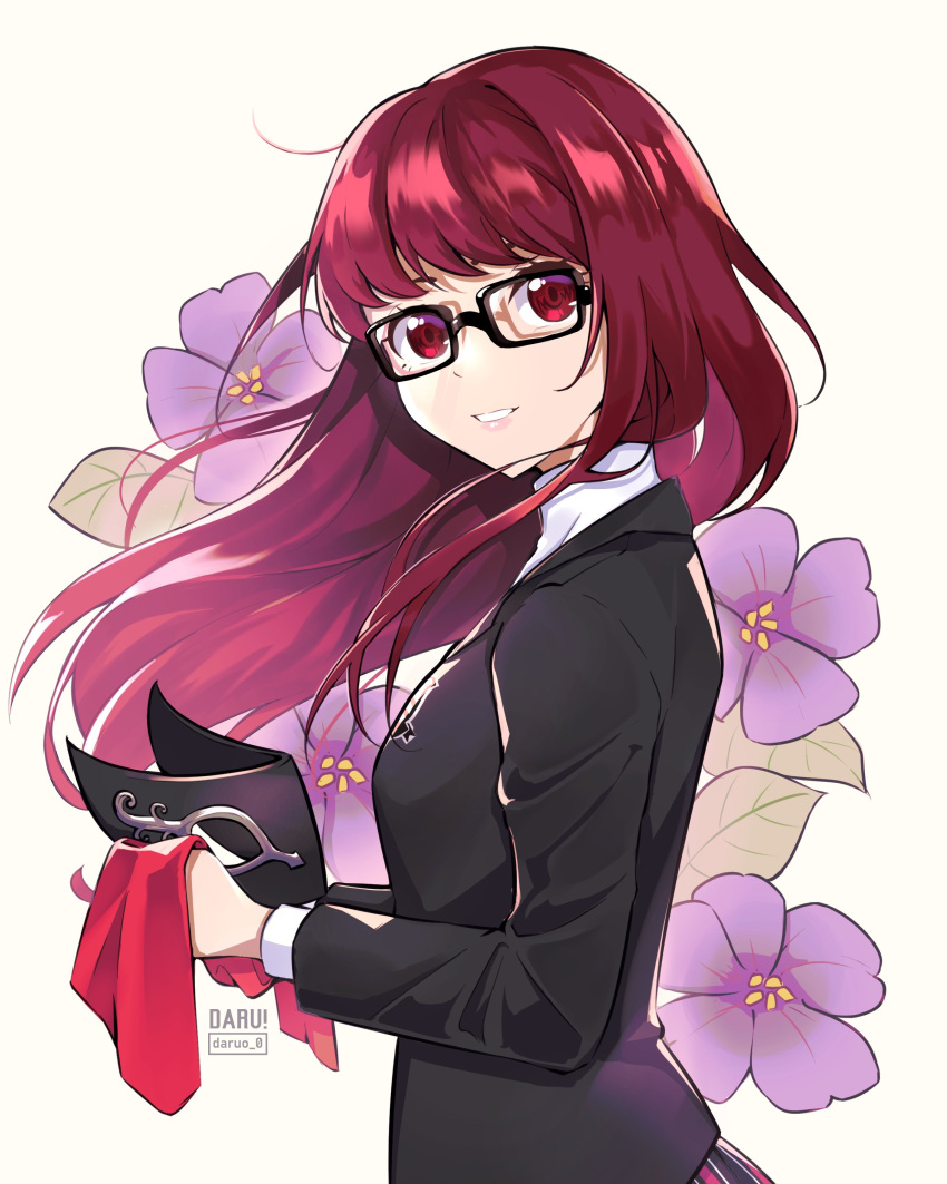 1girl absurdres artist_name black-framed_eyewear black_jacket black_mask commentary commission daru english_commentary floating_hair floral_background flower glasses grin highres holding holding_mask jacket lips long_hair long_sleeves looking_at_viewer mask mask_removed persona persona_5 persona_5_the_royal pink_lips purple_flower red_eyes redhead school_uniform shuujin_academy_uniform smile solo spoilers uniform white_background yoshizawa_kasumi