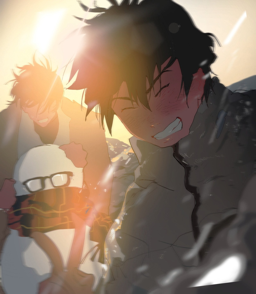2boys ace_of_diamond black_hair blush closed_eyes closed_mouth commentary facing_viewer floating_hair grin highres male_focus miyuki_kazuya multiple_boys nian_rt outdoors sawamura_eijun scarf smile snowman standing sunlight upper_body v zipper