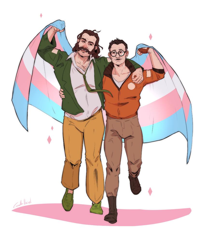 2boys arm_on_another's_shoulder blazer bomber_jacket brown_hair chest_hair collared_shirt corellevairel disco_elysium facial_hair flag glasses gloves green_jacket green_necktie hand_up harry_du_bois head_tilt highres holding holding_flag jacket kim_kitsuragi looking_at_viewer male_focus multiple_boys mutton_chops necktie orange_gloves orange_jacket round_eyewear shirt standing standing_on_one_leg transgender_flag walking walking_towards_viewer white_shirt
