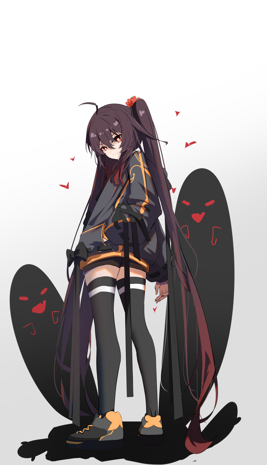 1girl absurdres ahoge alternate_costume bangs black_footwear black_legwear black_shorts black_sweater brown_hair casual commentary_request contemporary flower from_behind full_body genshin_impact ghost hair_between_eyes hair_flower hair_ornament head_tilt highres hood hooded_sweater hu_tao_(genshin_impact) long_hair long_sleeves looking_at_viewer looking_back orange_eyes qixia shoes short_shorts shorts sidelocks simple_background smile sneakers sweater symbol-shaped_pupils twintails twisted_torso white_background zettai_ryouiki