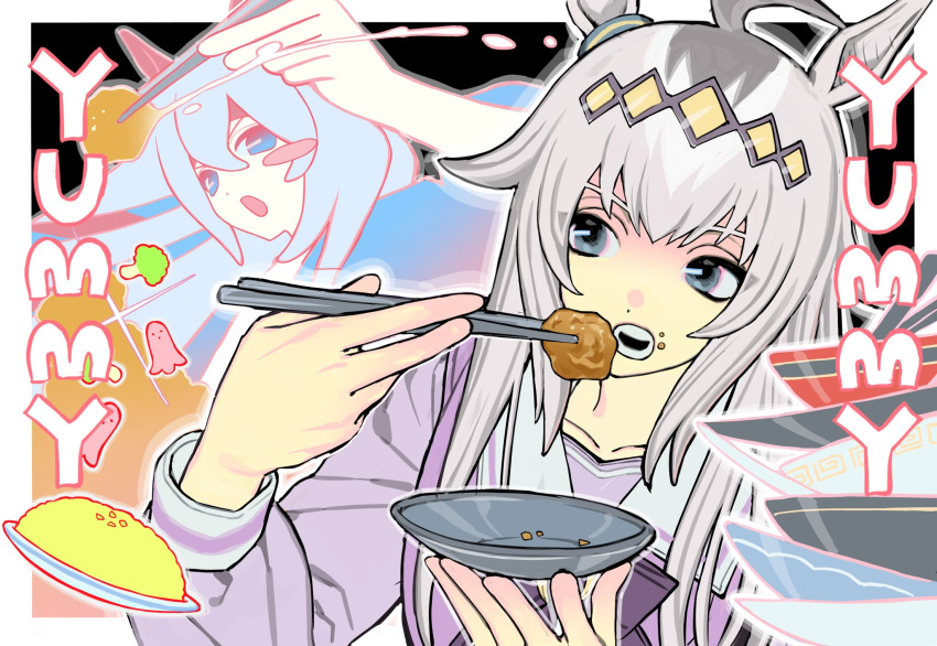 2girls ahoge animal_ears black_background blue_bow blue_bowtie blue_shirt border bow bowtie broccoli brooch chopsticks collarbone commentary determined diamond_hairband dot_nose ear_covers ear_ornament eating english_text expressionless food food_request glutton grey_hair hair_between_eyes hairband headband highres holding holding_chopsticks holding_plate holding_with_chopsticks horse_ears horse_girl horseshoe_ornament jewelry long_hair long_sidelocks long_sleeves looking_ahead muleungdowon_(display6789) multicolored_hair multiple_girls oguri_cap_(umamusume) omelet omurice open_mouth outline outside_border plate puffy_long_sleeves puffy_sleeves red_headband sailor_collar school_uniform shirt sidelocks streaked_hair tamamo_cross_(umamusume) teeth tracen_school_uniform umamusume untranslatable_commentary upper_body very_long_hair white_border white_outline white_sailor_collar winter_uniform yellow_hairband