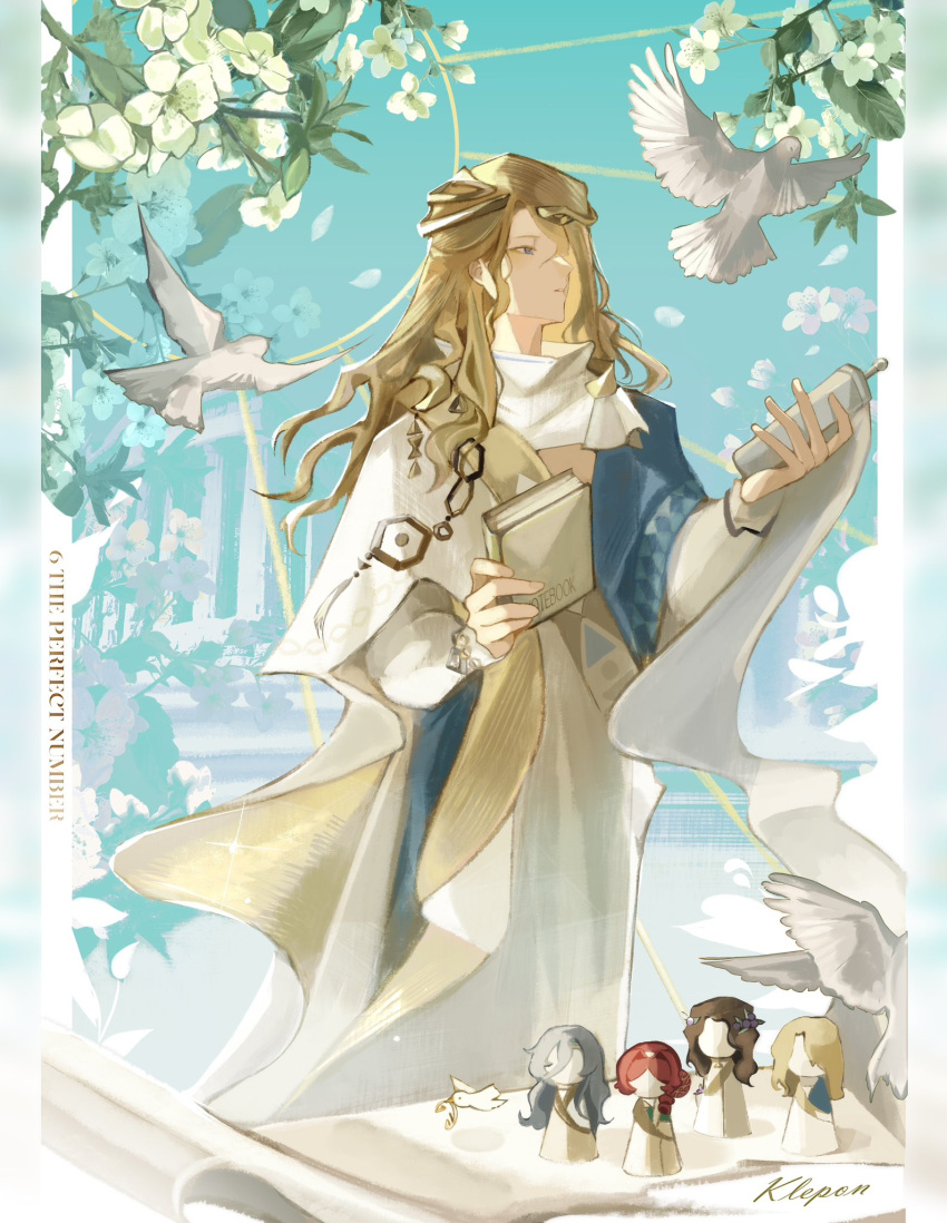 1boy 210_(reverse:1999) 37_(reverse:1999) 6_(reverse:1999) ancient_greek_clothes aqua_background bird blonde_hair blue_background blue_eyes character_doll doll english_text flower greco-roman_clothes highres himation holding holding_notebook holding_scroll klepon long_hair male_focus notebook profile reverse:1999 scroll solo sophia_(reverse:1999) upper_body white_bird white_flower