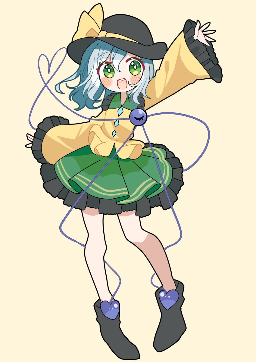 1girl :d arm_up bangs black_footwear black_headwear bright_pupils full_body green_eyes green_hair green_skirt hat hat_ribbon heart heart_of_string highres ichigo_mogu_15 komeiji_koishi looking_at_viewer open_mouth ribbon shirt short_hair simple_background skirt smile solo standing third_eye touhou white_pupils yellow_background yellow_ribbon yellow_shirt