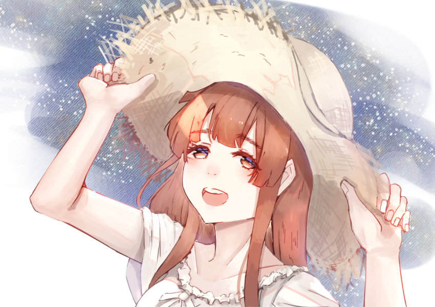 1girl arms_up bangs brown_hair collarbone grin hands_on_headwear hat highres oyasumi_punpun patterned_background smile straw_hat tanaka_aiko user_wmut2853 white_background