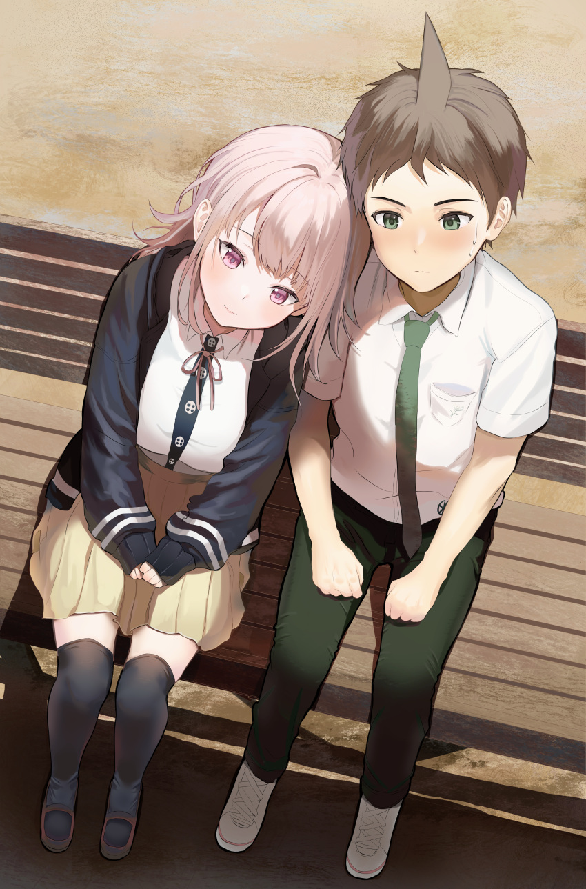 1boy 1girl absurdres ahoge bangs bench black_legwear blush breast_pocket breasts brown_eyes brown_hair brown_skirt clenched_hands collared_shirt danganronpa_(series) danganronpa_2:_goodbye_despair dress_shirt flipped_hair from_above green_necktie green_pants hair_ornament highres hinata_hajime hood jacket large_breasts leaning_on_person leaning_to_the_side long_sleeves medium_hair nanami_chiaki neck_ribbon necktie outdoors over-kneehighs own_hands_together pants pink_eyes pleated_skirt pocket ribbon shirt shoes short_hair skirt sleeves_past_wrists smile snow_finale sweatdrop thigh-highs white_shirt