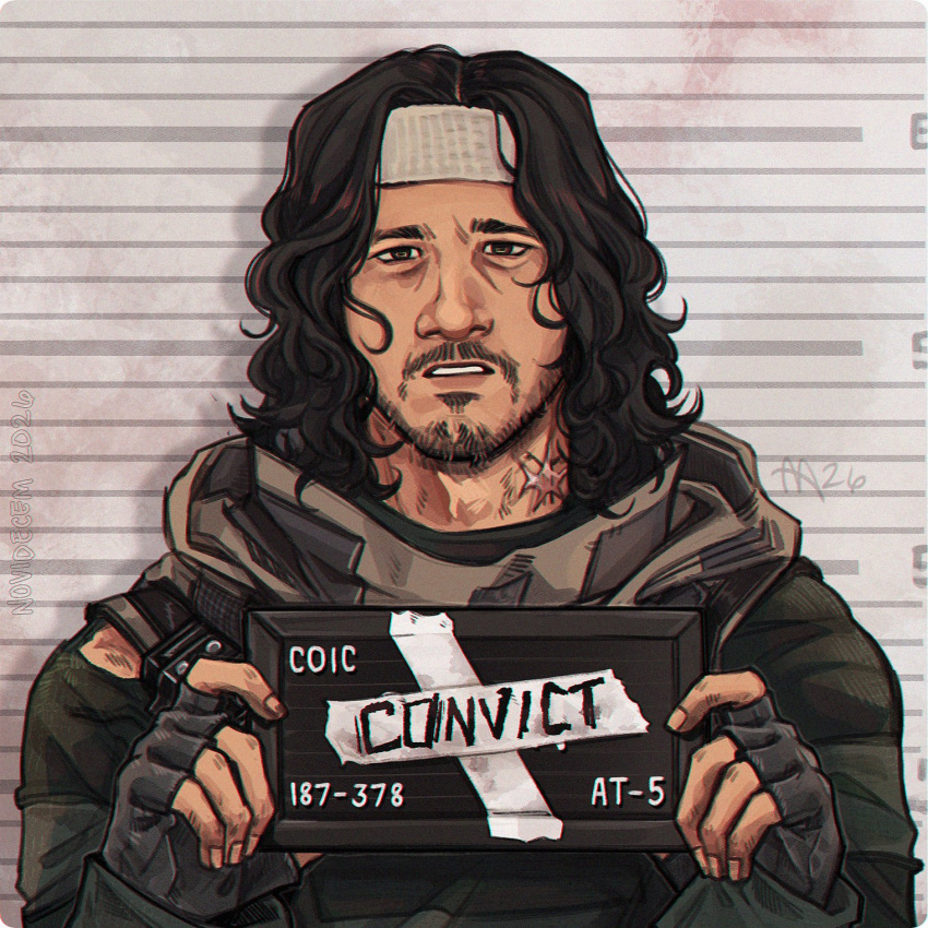 1boy aegyo_sal barbie_mugshot_(meme) beard black_gloves black_hair commentary drop_shadow english_commentary english_text facial_hair facing_viewer fingerless_gloves gloves green_shirt hands_up headband highres holding holding_sign iron_lung_(movie) looking_at_viewer male_focus meme novidecem parted_lips scar scar_on_neck shirt sign simon_(iron_lung) solo straight-on torn_clothes torn_shirt tunic upper_body wavy_hair