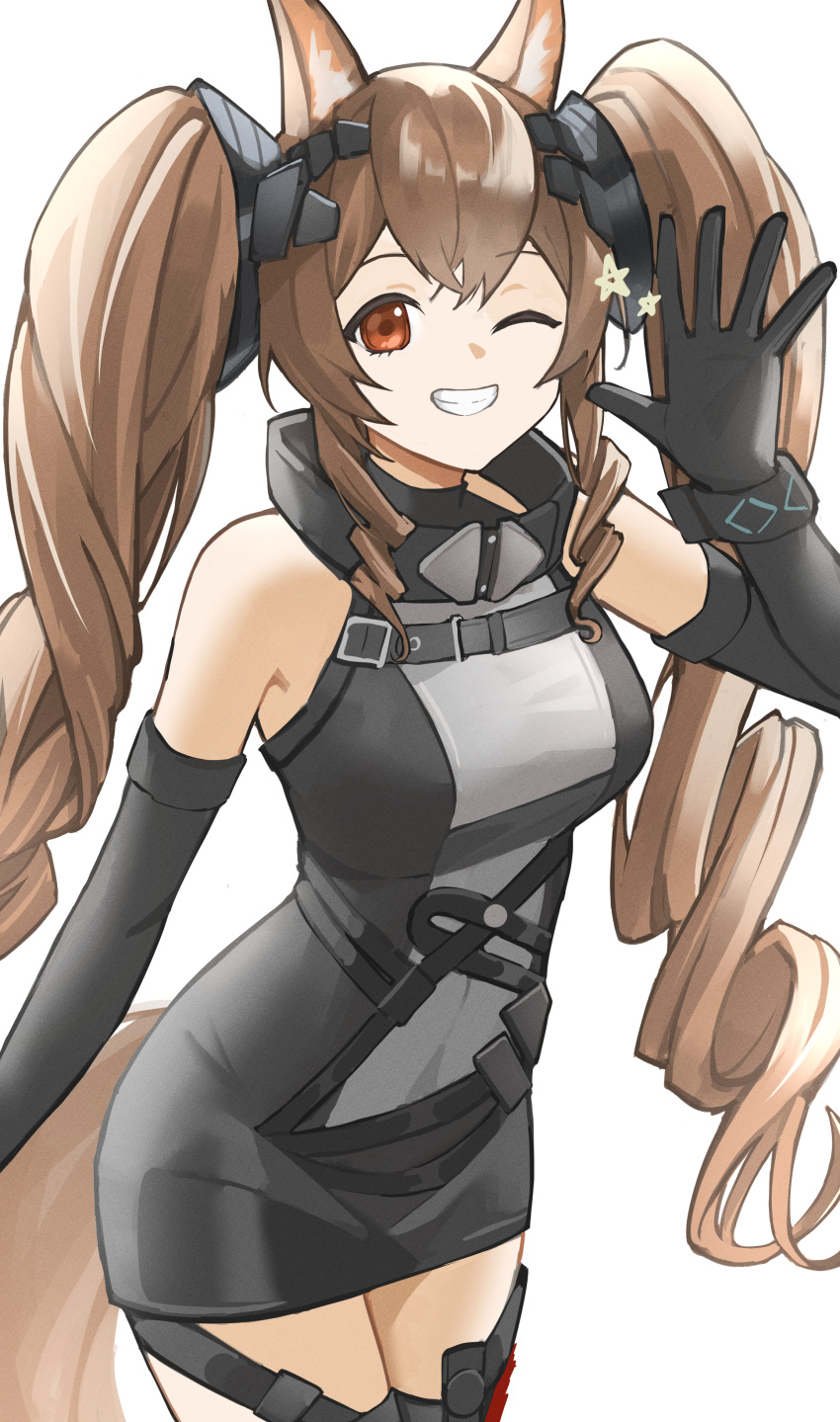 1girl absurdres angelina_(arknights) animal_ear_fluff animal_ears arknights arknights:_endfield bare_shoulders black_gloves black_thighhighs breasts brown_eyes brown_hair commentary cowboy_shot dot_nose double-parted_bangs dress elbow_gloves fox_ears fox_girl gilberta_(arknights) gloves grey_dress grin high_collar highres long_hair looking_at_viewer medium_breasts no_coat one_eye_closed simple_background sleeveless sleeveless_dress smile solo star_(symbol) thigh-highs twintails waving white_background yagi000 zettai_ryouiki