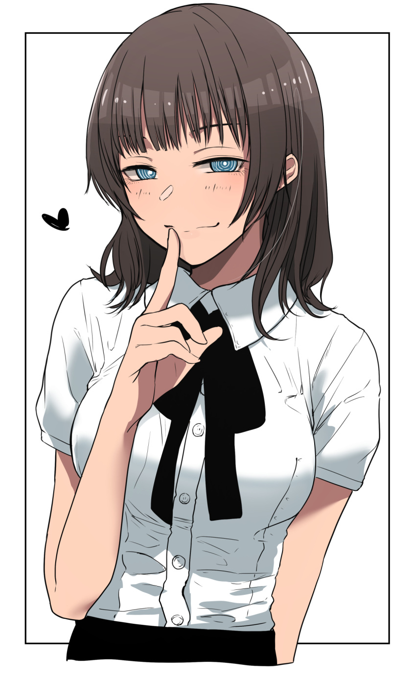 1girl arm_at_side bangs black_ribbon breasts bright_pupils brown_hair buttons closed_mouth collared_shirt green_eyes heart heart-shaped_eyewear highres index_finger_raised looking_at_viewer medium_breasts medium_hair neck_ribbon original ribbon ringed_eyes shirt short_sleeves smile split_mouth tonari_no_kishida upper_body white_pupils white_shirt