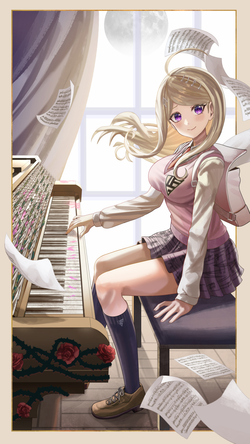 1girl absurdres akamatsu_kaede arm_support backpack bag bangs blonde_hair blush breasts brown_footwear collared_shirt curtains danganronpa_(series) danganronpa_v3:_killing_harmony flower flying_paper from_side full_body hair_ornament highres indoors instrument kneehighs large_breasts long_hair long_sleeves looking_at_viewer mixed-language_commentary moon music musical_note_hair_ornament necktie paper piano pink_sweater playing_instrument playing_piano pleated_skirt red_flower red_necktie red_rose rose school_swimsuit shirt silvertsuki sitting skirt sleeveless sleeveless_sweater smile solo sweater swept_bangs swimsuit violet_eyes window