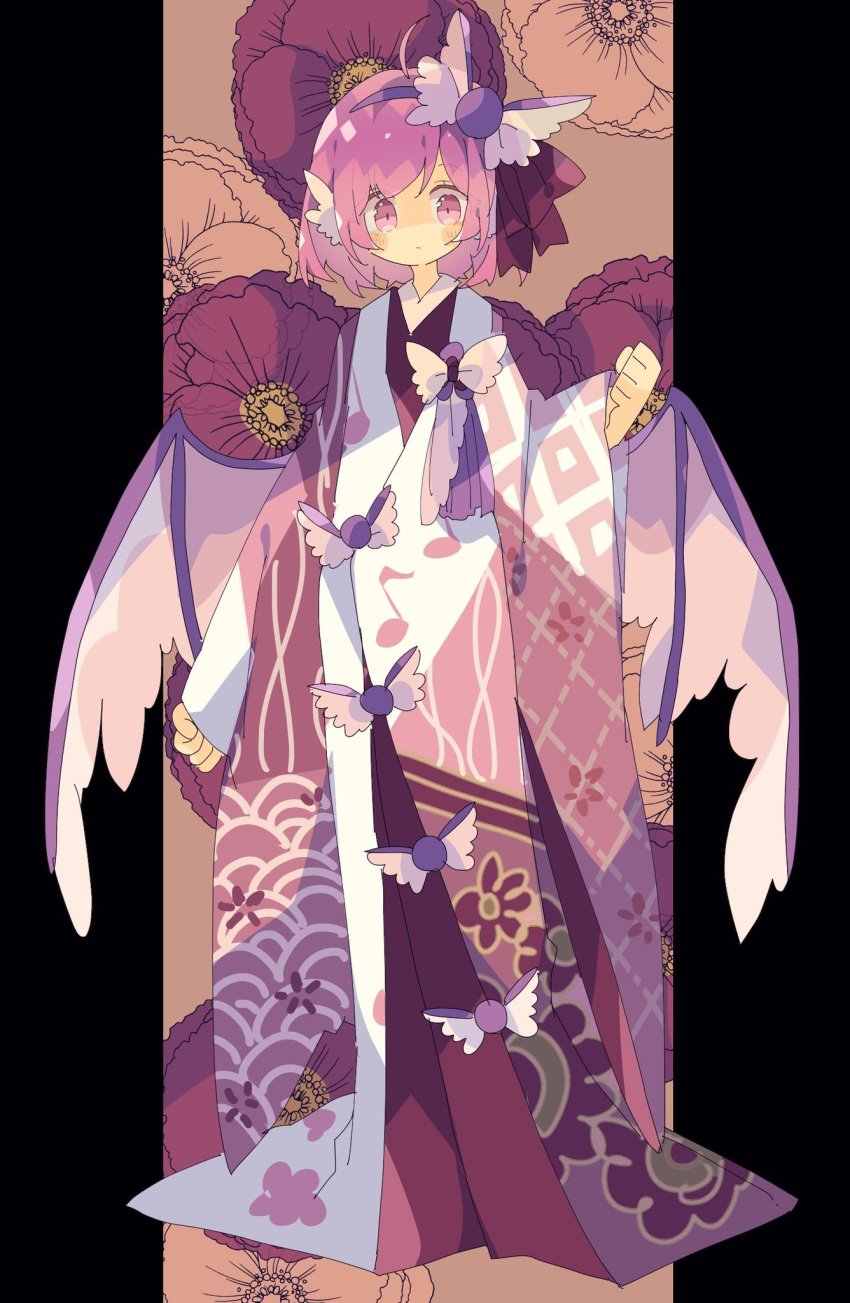 1girl alternate_costume animal_ears bird_ears bird_wings blush closed_mouth eighth_note floral_print flower full_body highres japanese_clothes kimono long_sleeves musical_note musical_note_print mystia_lorelei nikorashi-ka pink_eyes pink_hair print_kimono quarter_note red_flower short_hair solo touhou white_wings wide_sleeves wings