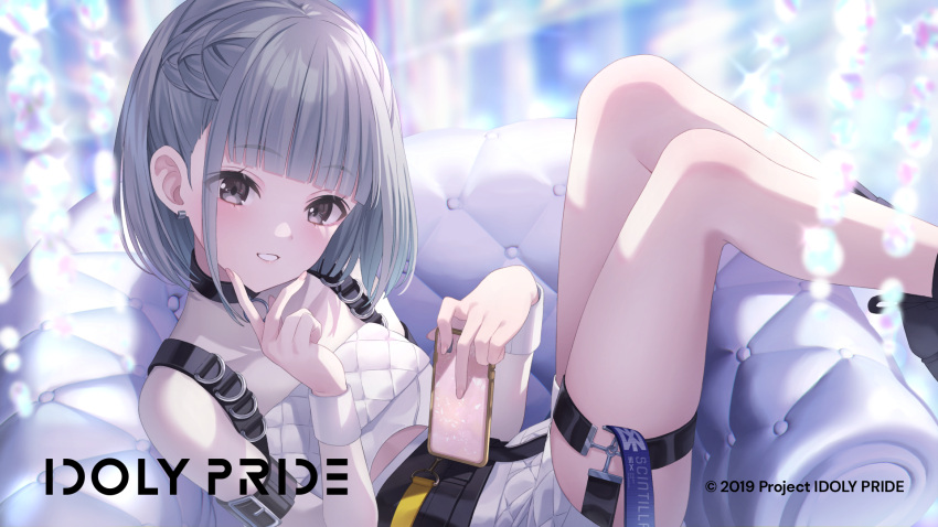 1girl bangs cellphone couch grey_hair guest_art highres idoly_pride jimmy_madomagi kana_(idoly_pride) long_hair looking_at_viewer official_art phone short_hair smartphone smile solo strap violet_eyes