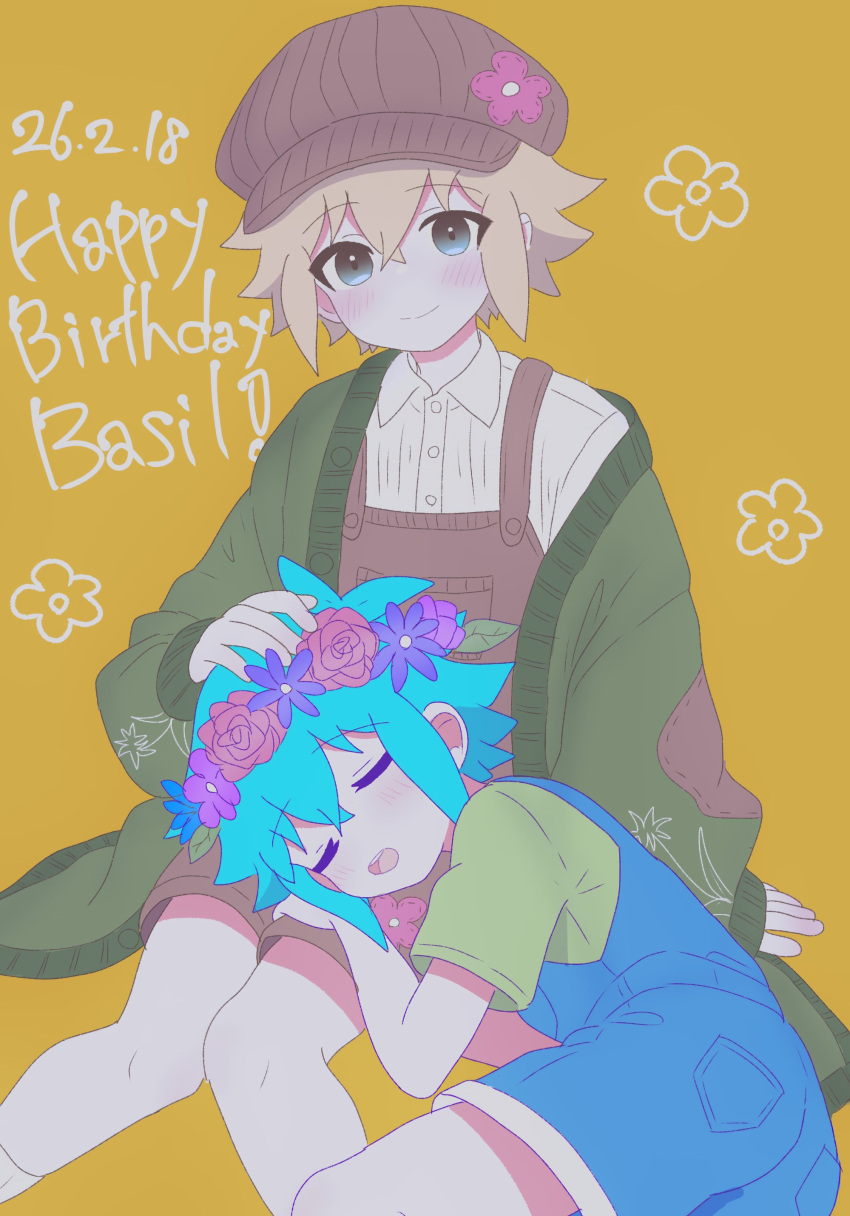 2026 2boys :d \||/ absurdres ankle_socks antenna_hair arm_at_side arm_support bare_arms bare_legs basil_(birthday)_(omori) basil_(faraway)_(omori) basil_(headspace)_(omori) basil_(omori) blonde_hair blue_eyes blue_flower blue_hair blue_overalls blush brown_hat brown_overalls buttons cardigan cardigan_partially_removed character_name child closed_eyes closed_mouth collared_shirt commentary cowboy_shot crossed_bangs dated double-parted_bangs dual_persona english_text feet_out_of_frame flipped_hair floral_background flower flower_wreath green_cardigan green_shirt hair_between_eyes hand_on_another's_head happy_birthday hat head_wreath highres invisible_chair lap_pillow leaf long_sleeves male_focus multiple_boys newsboy_cap official_alternate_costume omori open_cardigan open_clothes open_mouth orange_background overall_shorts overalls pink_flower pink_rose pocket puffy_long_sleeves puffy_sleeves purple_flower purple_rose ribbed_shirt rose round_teeth saji_neko shirt short_hair short_sleeves sidelocks simple_background sitting sleeves_past_wrists smile socks t-shirt tareme teeth tongue u_u upper_teeth_only white_shirt white_socks