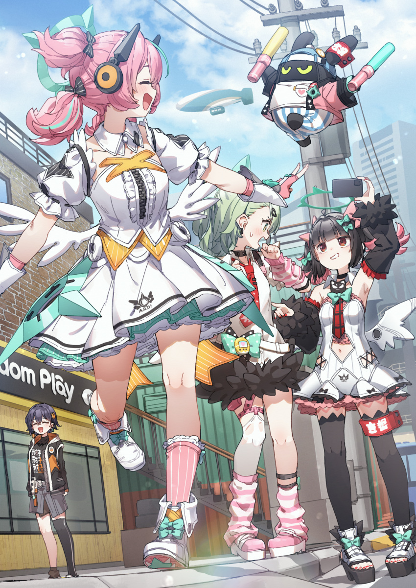4girls :d ^_^ aircraft angel_wings angels_of_delusion aria_(zenless_zone_zero) arm_up arm_warmers bangboo_(zenless_zone_zero) bare_shoulders belle_(zenless_zone_zero) biggest_fan_(zenless_zone_zero) black_bow black_choker black_hair black_sleeves black_thighhighs blue_hair blue_sky blush bow box breasts building cellphone choker closed_eyes clothing_cutout clouds colored_inner_hair commentary_request day detached_collar detached_sleeves dirigible dress dress_shirt fake_wings fingerless_gloves frilled_dress frilled_socks frills gloves glowstick green_bow green_eyes green_hair green_halo green_streaks grey_skirt grin hair_bow hair_intakes halo high_ponytail highres holding holding_phone hood hooded_jacket jacket kneehighs leg_up leg_warmers looking_at_another low_wings medium_hair miniskirt multicolored_hair multiple_girls nangong_yu navel navel_cutout necktie open_clothes open_jacket open_mouth outdoors penlight_(glowstick) petite phone pink_arm_warmers pink_gloves pink_hair pink_leg_warmers pink_shoes pink_socks pleated_dress pointing pointing_at_another ponytail pouch puffy_short_sleeves puffy_sleeves recording red_eyes red_necktie shirt shoes short_dress short_hair short_sleeves short_twintails sidewalk sideways_mouth single_thighhigh skirt sky skyscraper sleeveless sleeveless_dress small_breasts small_sweatdrop smartphone smile sneakers socks stairs standing standing_on_one_leg strapless strapless_dress streaked_hair striped_arm_warmers striped_leg_warmers sunna_(zenless_zone_zero) t-shirt thigh-highs thigh_pouch thigh_strap twintails utility_pole v white_dress white_shirt white_shoes white_thighhighs wings yukie_(kusaka_shi) zenless_zone_zero