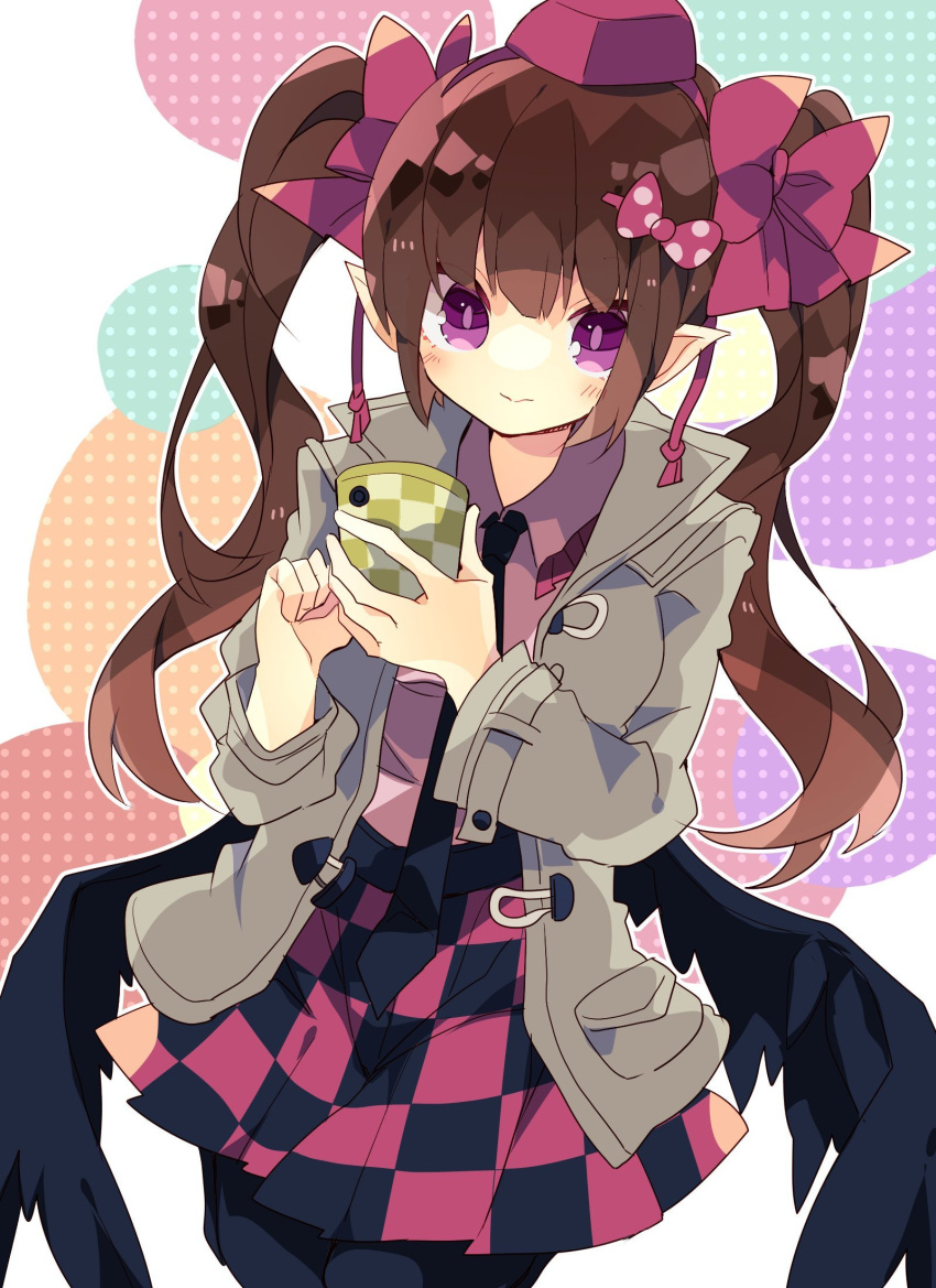 1girl bangs bird_wings black_legwear black_necktie black_skirt black_wings bow brown_coat brown_hair checkered_clothes checkered_skirt coat collared_shirt commentary cowboy_shot frilled_shirt_collar frills hair_bow hat highres himekaidou_hatate holding holding_phone long_hair long_sleeves looking_at_viewer necktie nikorashi-ka one-hour_drawing_challenge open_clothes open_coat phone pointy_ears purple_bow purple_headwear purple_shirt purple_skirt shirt skirt smile solo thigh-highs tokin_hat touhou twintails wings