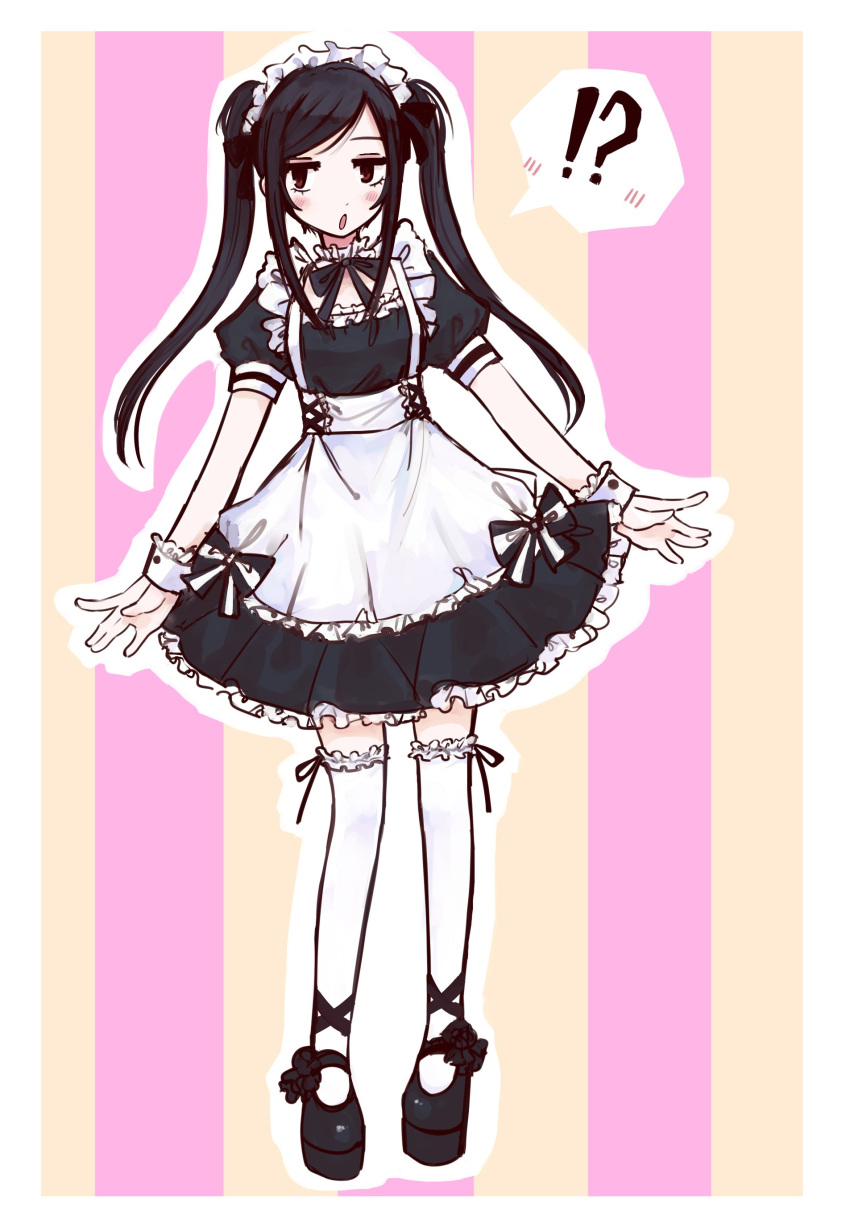 !? 1girl absurdres alternate_costume apron blush curtsey frilled_skirt frills highres jill_stingray karasuda_hidemi long_hair maid maid_apron maid_headdress shoes skirt solo speech_bubble striped striped_background thigh-highs twintails va-11_hall-a white_legwear wrist_cuffs