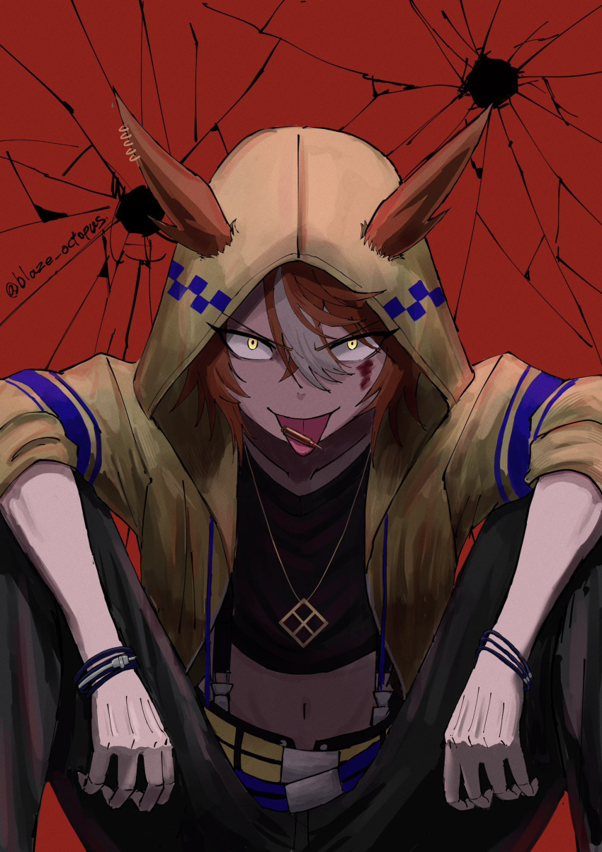 1girl animal_ears black_pants black_shirt blaze_octopus blood brown_hair bullet bullet_hole collarbone commentary_request crop_top dicta_striker_(umamusume) ears_through_headwear feet_out_of_frame hair_between_eyes highres hood hood_up hooded_jacket horse_ears jacket knees_up long_sleeves looking_at_viewer midriff multicolored_hair navel open_clothes open_jacket pants puffy_long_sleeves puffy_sleeves red_background shirt sitting solo streaked_hair tongue tongue_out twitter_username umamusume v-shaped_eyebrows white_hair yellow_eyes yellow_jacket