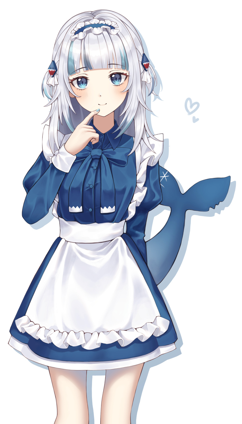 1girl absurdres apron bangs blue_eyes blue_hair blunt_bangs fish_tail gawr_gura h4im_o hair_ornament highres hololive hololive_english juliet_sleeves long_sleeves looking_at_viewer maid maid_apron maid_headdress medium_hair multicolored_hair puffy_sleeves shark_girl shark_hair_ornament shark_tail solo streaked_hair tail two_side_up virtual_youtuber white_hair