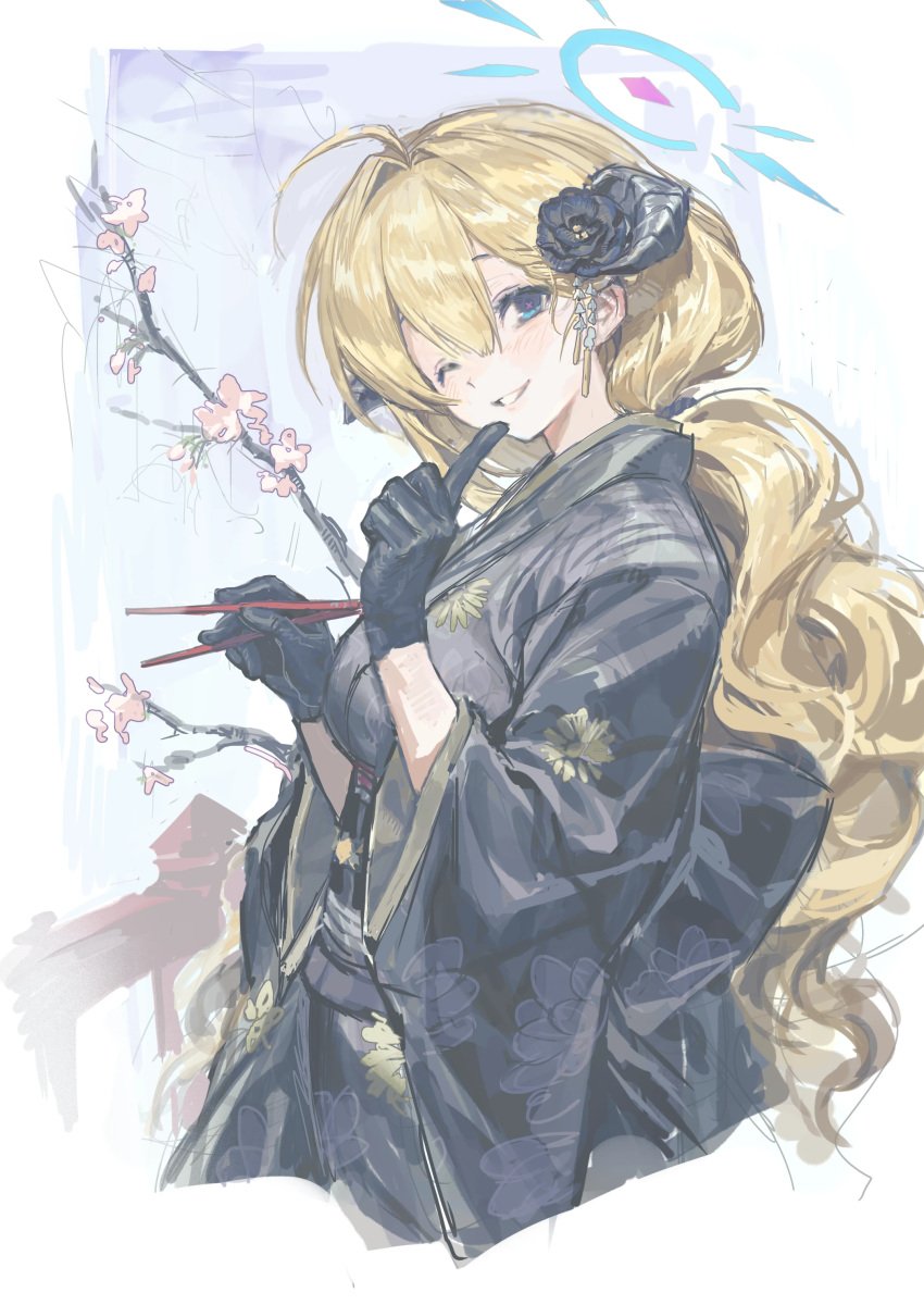;d absurdres ahoge akari_(blue_archive) akari_(new_year)_(blue_archive) black_flower black_gloves black_horns black_kimono black_rose blonde_hair blue_archive blue_eyes blue_halo blush breasts chopsticks demon_horns finger_to_mouth floral_print floral_print_kimono flower forward-facing_horns furisode gloves hair_between_eyes hair_on_horn halo highres holding holding_chopsticks horns japanese_clothes jiu_jiu_jiu_jiu kimono large_breasts long_hair obi one_eye_closed print_kimono rose sash smile upper_body