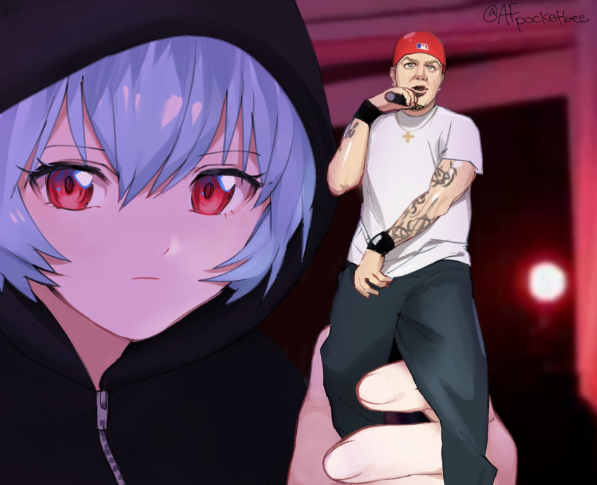 1boy 1girl arm_tattoo ayanami_rei black_jacket blue_hair blurry blurry_background character_figure closed_mouth commentary cross cross_necklace crossover english_commentary expressionless facial_hair figure fred_durst grey_pants hat highres holding holding_figure holding_microphone hood hood_up hooded_jacket indoors jacket jewelry limp_bizkit looking_at_viewer microphone necklace neon_genesis_evangelion pants parody photo-referenced pocketbee real_life red_eyes red_hat shirt short_sleeves tattoo twitter_username white_shirt