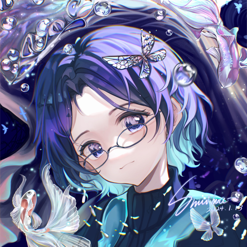 1girl :3 absurdres animal artist_name bubble bug butterfly butterfly_hair_ornament closed_mouth colored_inner_hair dated eyelashes fish hafly hair_ornament head_tilt highres looking_at_viewer multicolored_hair original parted_bangs portrait purple_hair smile solo violet_eyes water watermark
