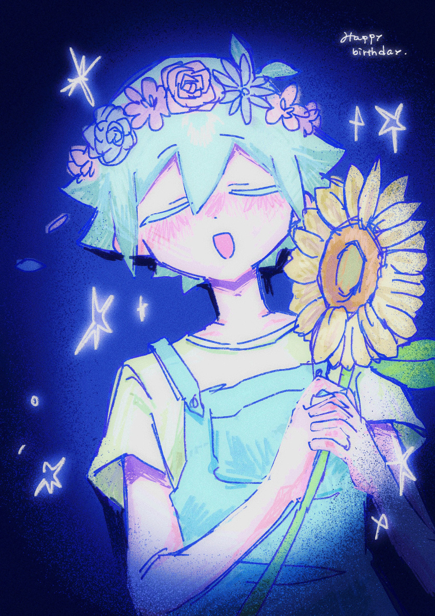1boy :d absurdres androgynous antenna_hair bare_arms basil_(headspace)_(omori) basil_(omori) blue_background blue_flower blue_hair blue_overalls blue_rose blush buttons child closed_eyes colored_eyelashes commentary dot_nose double-parted_bangs english_text facing_viewer film_grain flipped_hair flower flower_wreath hair_between_eyes happy_birthday head_wreath highres holding holding_flower hrkzsm_321 interlocked_fingers leaf lying male_focus omori on_back open_mouth overalls own_hands_together pale_skin pink_flower pink_rose pocket purple_flower rose shirt short_hair short_sleeves sidelocks simple_background smile solo sparkle star_(symbol) star_symbol_background straight-on sunflower t-shirt u_u untranslatable_commentary upper_body vignetting