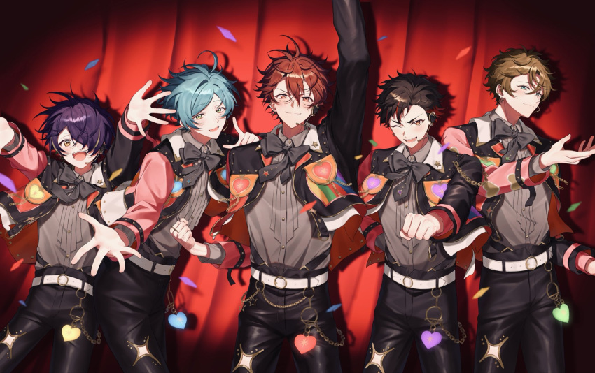 5boys :d ;d ahoge aqua_hair arm_up arms_up belt belt_buckle black_bow black_bowtie black_hair black_jacket black_pants blonde_streaks blue_eyes blush bow bowtie brown_hair buckle buttons chain clenched_hand closed_mouth collared_shirt commentary confetti cropped_jacket curtains ear_piercing earpiece earrings english_commentary ensemble_stars! gold_chain green_eyes grey_shirt hair_over_one_eye hand_up heart highres jacket jewelry kurokkan layered_clothes long_sleeves looking_at_viewer male_focus microphone morisawa_chiaki multicolored_hair multicolored_jacket multiple_boys nagumo_tetora one_eye_closed one_eye_covered open_clothes open_jacket open_mouth outstretched_arm outstretched_arms overflow!_(ensemble_stars!) pants parted_bangs piercing pink_jacket purple_hair red_eyes red_hair red_streaks ring ryuseitai_(ensemble_stars!) sengoku_shinobu shadow shinkai_kanata shirt shirt_tucked_in short_hair smile split_mouth spotlight star_(symbol) star_earrings streaked_hair takamine_midori teeth two-tone_jacket upper_teeth_only v-shaped_eyebrows wallet_chain white_belt white_jacket wing_collar yellow_eyes