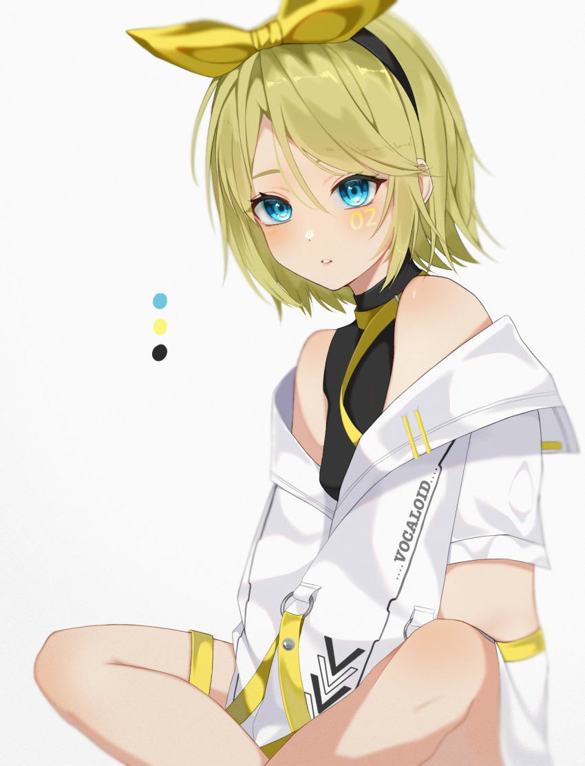 1girl bangs black_hairband blonde_hair blue_eyes bow bow_hairband color_guide copyright_name facial_tattoo hair_between_eyes hair_bow hairband highres indian_style jacket kagamine_rin long_sleeves miniskirt number_tattoo off-shoulder_jacket off_shoulder parted_lips shiny shiny_hair short_hair simple_background sitting skirt solo tattoo thigh_strap vocaloid wanko_(yurika0320) white_background white_jacket white_skirt yellow_bow