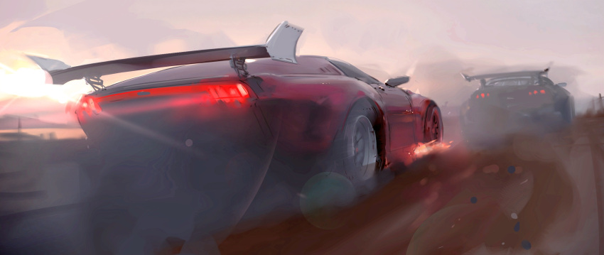 ahi_and_ohi car dust fire glowing ground_vehicle highres lens_flare motor_vehicle no_humans original spoiler_(automobile) sports_car sunrise tail_lights vehicle_focus
