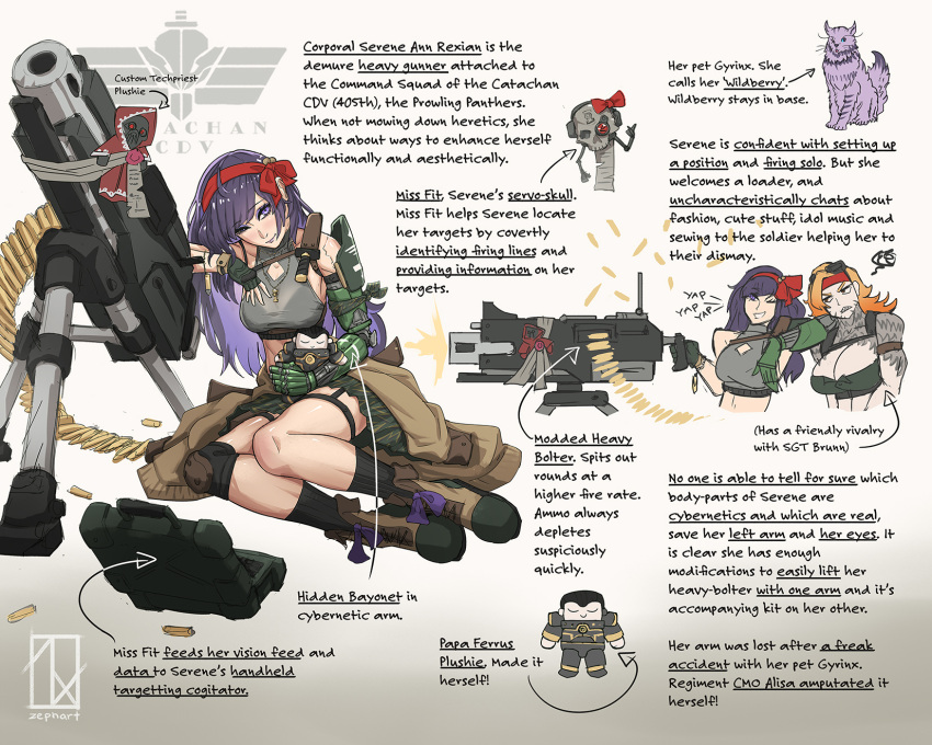 2girls abs ammunition_belt ammunition_box artist_logo artist_name astra_militarum black_socks boots breasts brunn_arang bullet_necklace camouflage camouflage_skirt cat catachan_jungle_fighter character_doll combat_boots combat_knife computer doll ferrus_manus gloves green_gloves green_sports_bra headband heavy_bolter highres jewelry knee_pads knife laptop large_breasts logo long_hair mechanical_arms medium_breasts multiple_girls muscular muscular_female necklace orange_hair original purity_seal purple_hair purple_ribbon radio red_headband ribbon serene_ann_rexian servo-skull single_mechanical_arm skirt smile socks sports_bra tattoo tripod violet_eyes warhammer_40k weapon zephart