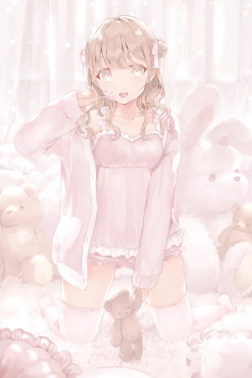 1girl absurdres brown_eyes brown_hair candy food half_updo highres holding holding_candy holding_food holding_lollipop holding_stuffed_toy lollipop long_hair loungewear one_side_up open_mouth original solo stuffed_animal stuffed_toy teddy_bear thigh-highs tongue tongue_out usagiplanet7