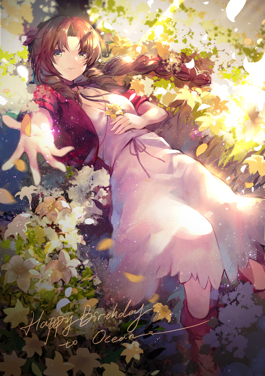 1girl aerith_gainsborough bangs blush boots braid braided_ponytail breasts brown_hair choker dress elise_(piclic) falling_petals field final_fantasy final_fantasy_vii final_fantasy_vii_remake flower flower_field green_eyes hair_ribbon hand_on_own_stomach highres holding holding_flower jacket long_dress long_hair lying medium_breasts on_back outstretched_arm parted_bangs petals pink_dress red_jacket ribbon short_sleeves sidelocks smile solo wavy_hair yellow_flower
