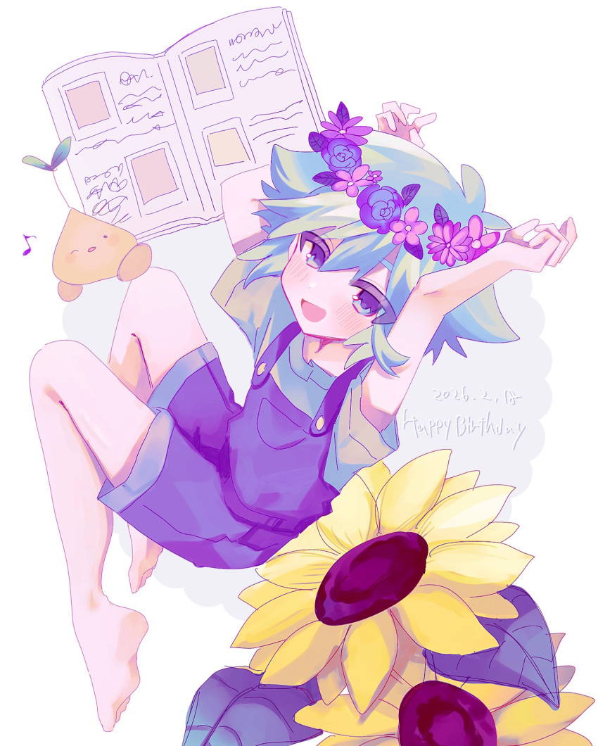1boy 2026 :d androgynous antenna_hair aqua_eyes aqua_hair arms_up bare_arms bare_legs barefoot basil_(headspace)_(omori) basil_(omori) blue_flower blue_rose book border child commentary dated double-parted_bangs english_commentary flipped_hair flower flower_wreath full_body grey_background grey_shirt hair_between_eyes happy_birthday head_wreath highres leaf looking_at_viewer male_focus musical_note omori open_book open_mouth outside_border overall_shorts overalls photo_(object) pink_flower purple_overalls rose round_border shirt short_hair short_sleeves sidelocks simple_background smile soles solo sprout_mole sunflower t-shirt toes tongue tsurime white_border yuyuyu_m5
