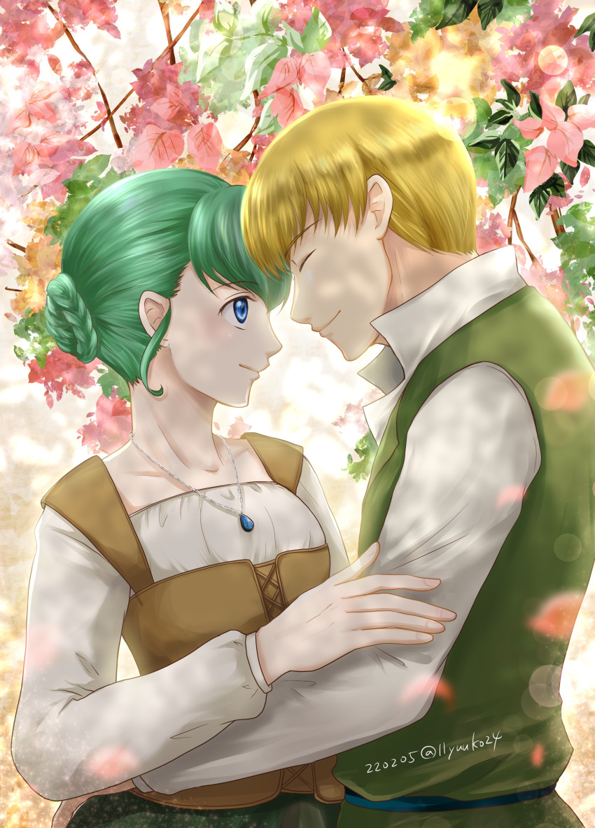 1boy 1girl absurdres blonde_hair blue_eyes blue_gemstone braid bustier closed_eyes collarbone couple dated gem green_eyes green_hair hetero highres honzuki_no_gekokujou hug jewelry long_sleeves looking_at_another lutz_(honzuki_no_gekokujou) necklace profile shiny shiny_hair shirt short_hair smile tuuli_(honzuki_no_gekokujou) white_shirt yuuko24