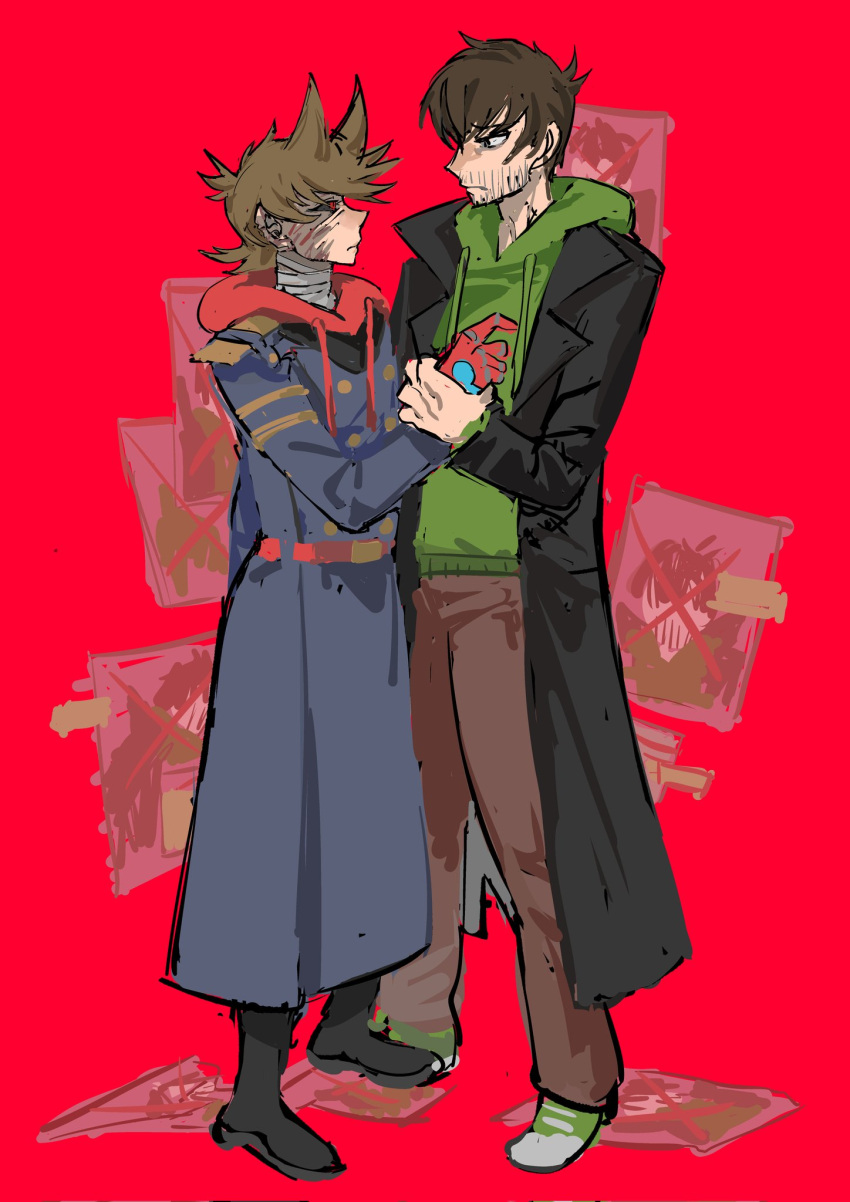2boys animification antenna_hair bandaged_neck bandages beard_stubble belt black_boots black_coat black_sclera blue_coat boots brown_eyes brown_hair brown_pants burn_scar buttons coat colored_sclera corrupted_twitter_file cyborg double-breasted drawstring edd_(eddsworld) eddsworld eye_contact facial_hair flipped_hair from_side frown full_body future_edd_(eddsworld) grabbing_another's_arm green_hoodie green_shoes hair_ears height_difference highres hood hood_down hoodie kuangzihaixing lapels long_coat long_sleeves looking_at_another male_focus mature_male mechanical_arms military_coat military_uniform multiple_boys open_clothes open_coat pants profile prosthesis prosthetic_arm red_belt red_eyes red_hoodie red_leader_(eddsworld) scar shoes short_hair shoulder_boards single_mechanical_arm sneakers standing stubble tord_(eddsworld) trench_coat wanted_poster