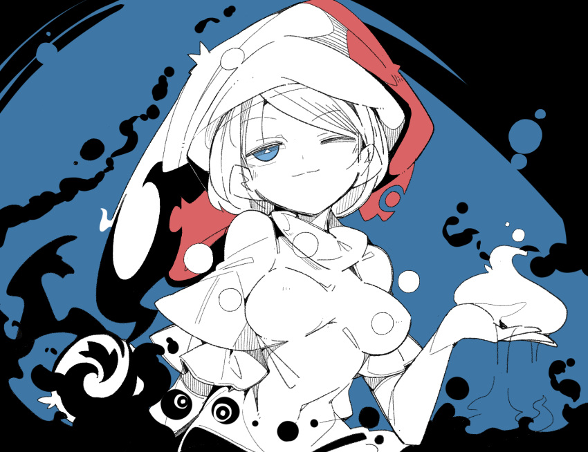 1girl blob blue_background blue_eyes closed_mouth doremy_sweet dream_soul dress frilled_sleeves frills hat highres light_smile massakasama nightcap one_eye_closed short_hair short_sleeves solo touhou upper_body