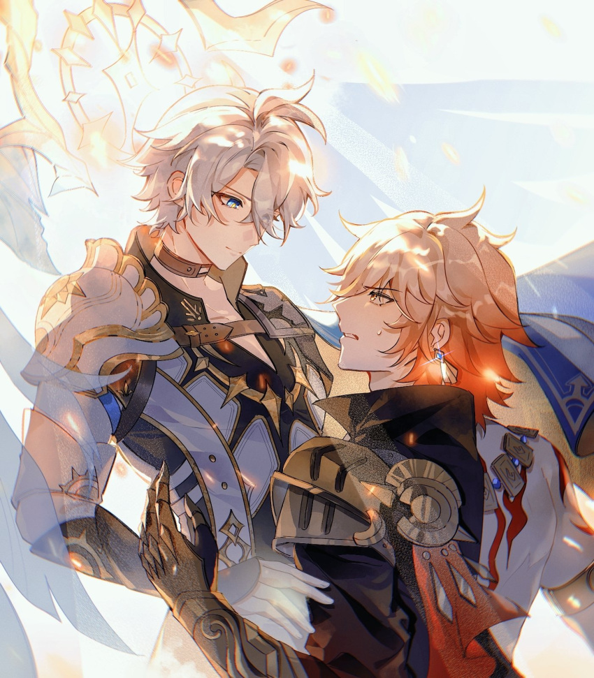 2boys antenna_hair arm_tattoo armlet armor back_tattoo black_choker black_coat black_shirt blonde_hair blue_cape blue_eyes cape choker clawed_gauntlets coat earrings floating_cape gold_earrings gold_necklace gradient_hair halo halo_behind_head hashtag-only_commentary highres honkai:_star_rail honkai_(series) jewelry male_focus medium_hair multicolored_hair multiple_boys mydei_(honkai:_star_rail) neck_tattoo necklace open_clothes open_coat parted_bangs pauldrons phainon_(honkai:_star_rail) red_cape red_hair red_tattoo shirt short_hair shoulder_armor side_capelet single_pauldron sorane_hexi sun_symbol sun_tattoo sweatdrop tattoo two-sided_cape two-sided_fabric white_coat white_hair yellow_cape yellow_eyes